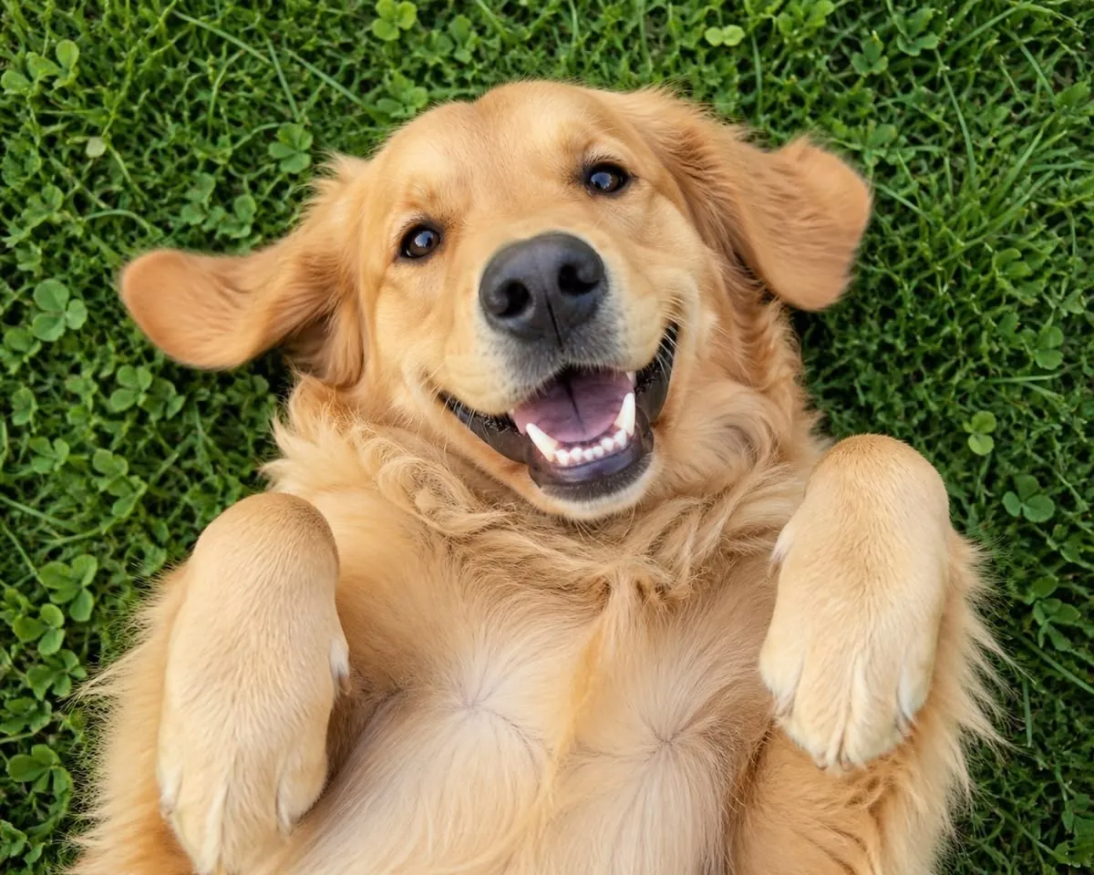 A happy golden retriever rolling on its back in the grass